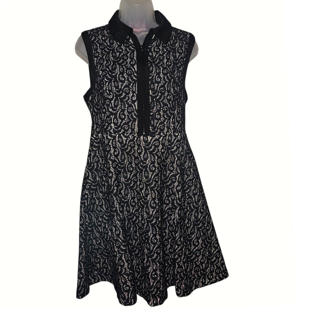 Betsey Johnson Womens Black White Lace Zip Front Fit Flare Dress Size 8 Retro - Picture 2 of 11
